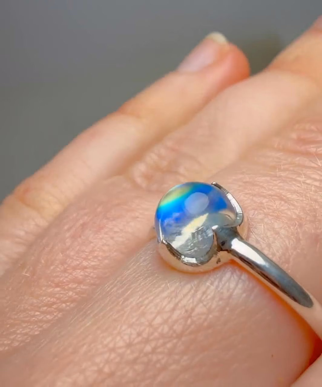 Rainbow Moonstone Ring in Sterling Silver, Blue Color Changing Gemstone Stacking Ring
