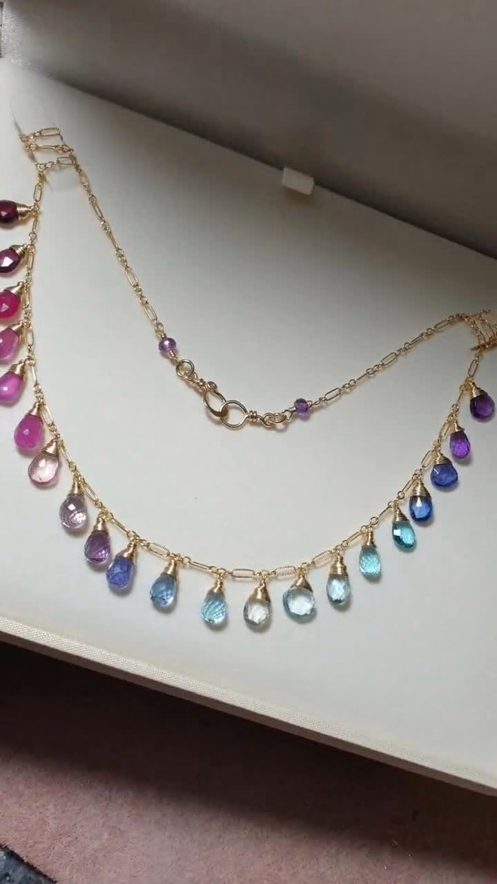 - Rainbow Multi Gemstone Necklace in Gold Filled, Precious Drop Necklace