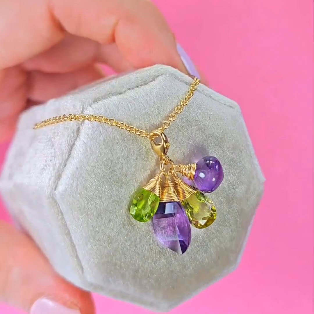 Solid Gold 14K Amethyst and Peridot Charm with a Lobster Clasp