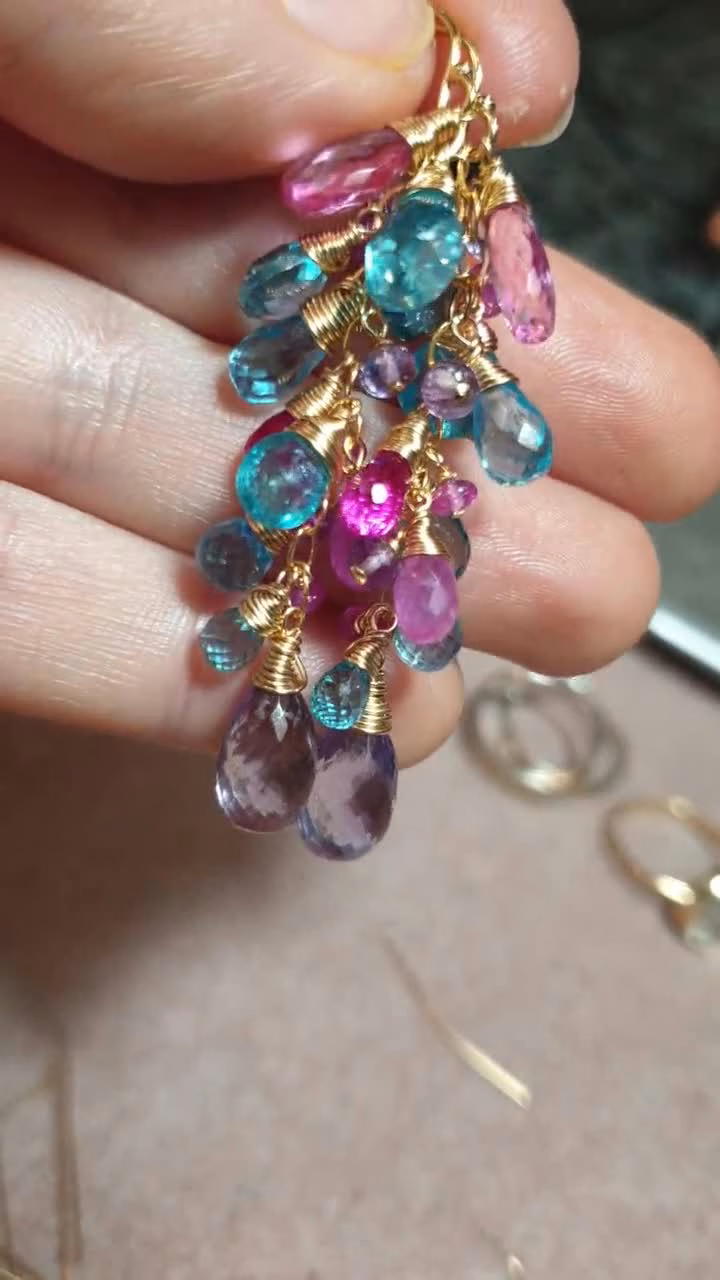 - Solid Gold 14K Aqua Blue Apatite, Pink Topaz and Pink Amethyst Gemstone Earrings