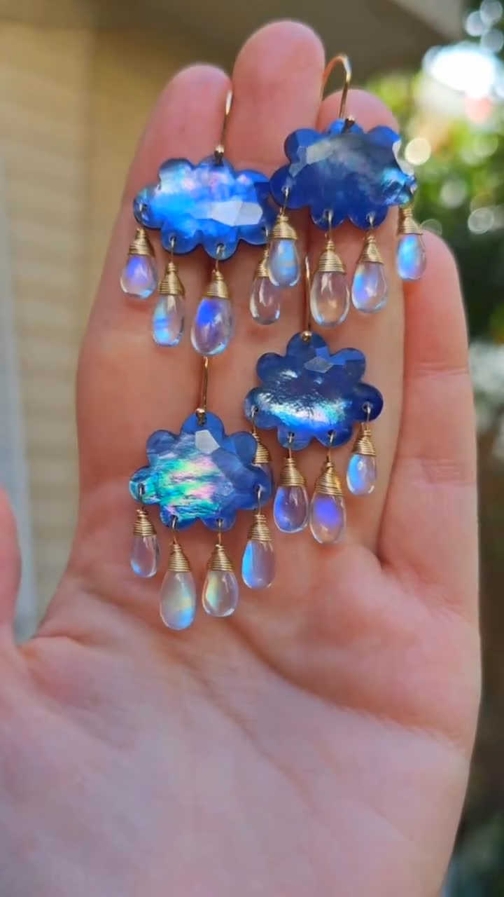 Solid Gold 14K Cloud Moonstone Earrings, Unique Earrings Design