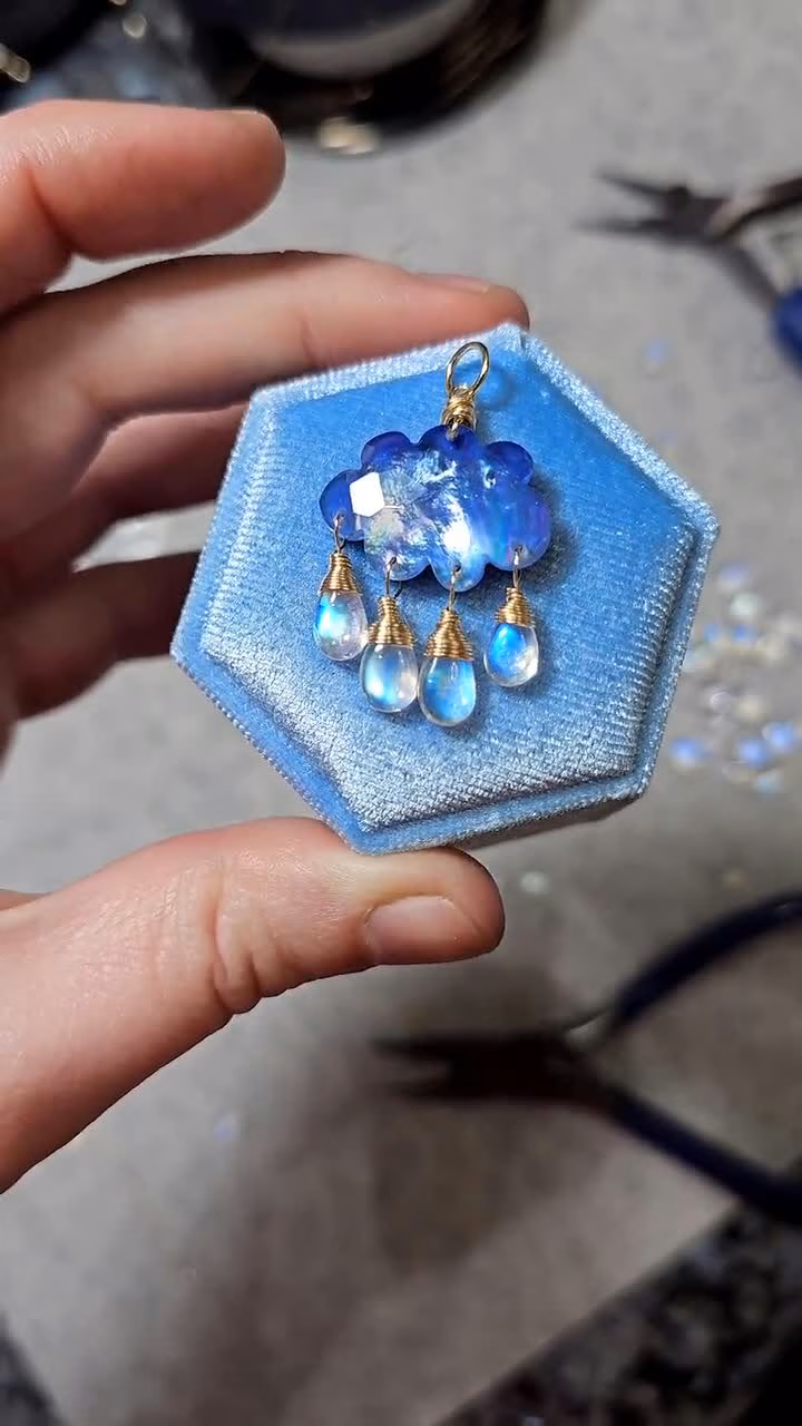 Solid Gold 14K Cloud Moonstone Pendant without a Chain, Unique Moonstone Charm Design