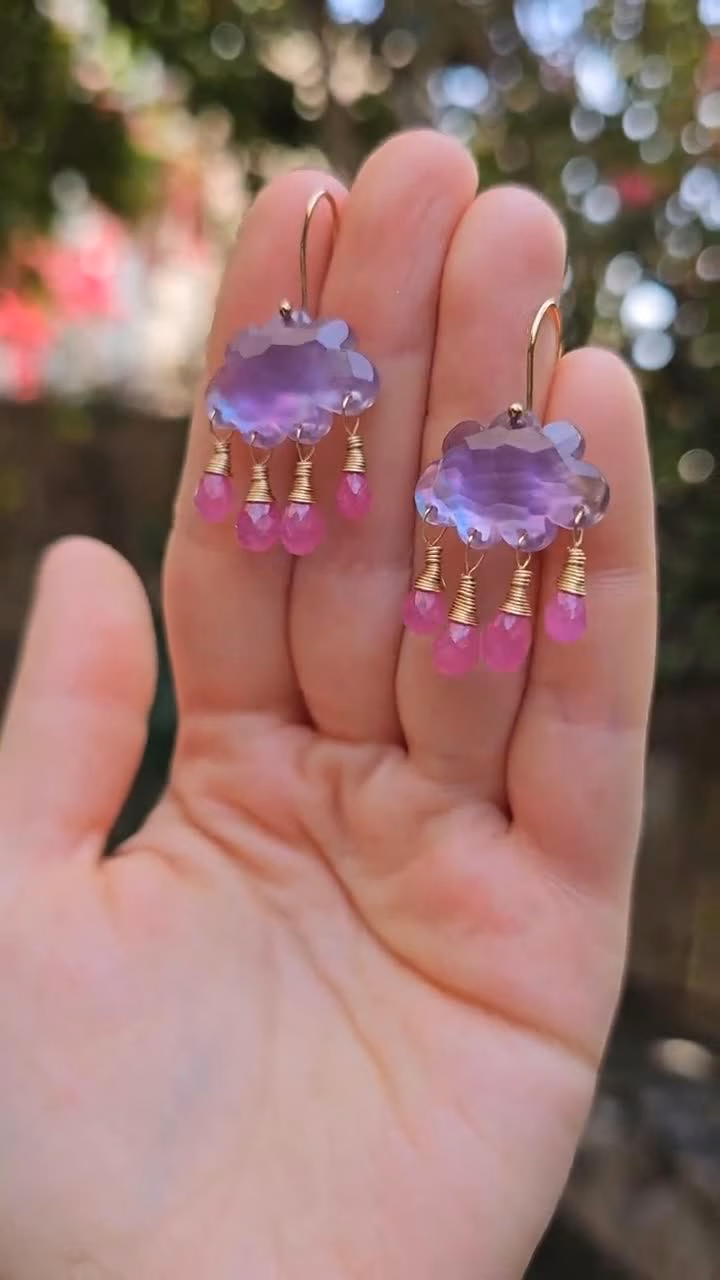 - Solid Gold 14K Cloud Pink Amethyst and Sapphire Earrings, Unique Earrings Design