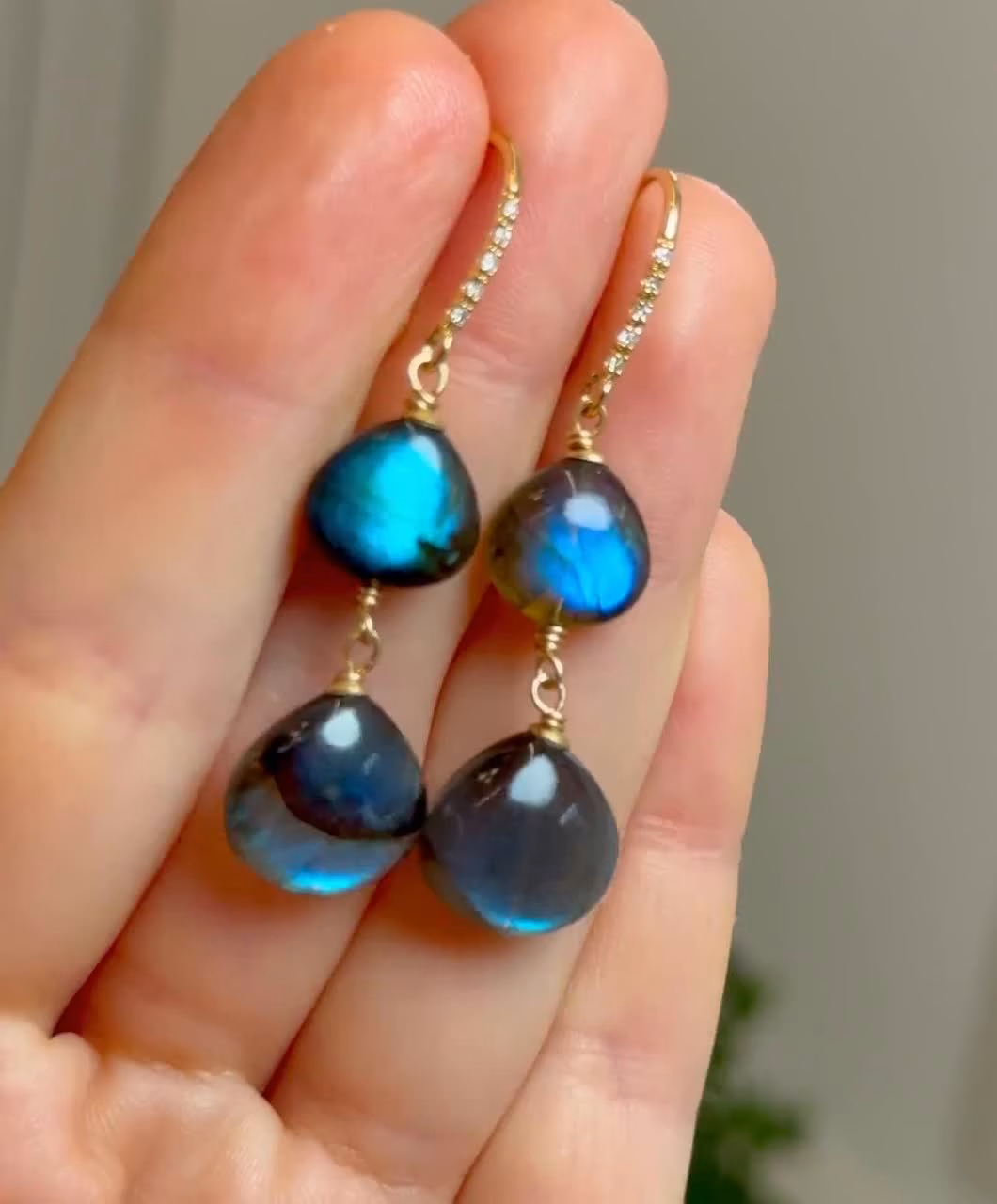 - Solid Gold 14K Diamond Labradorite Earrings