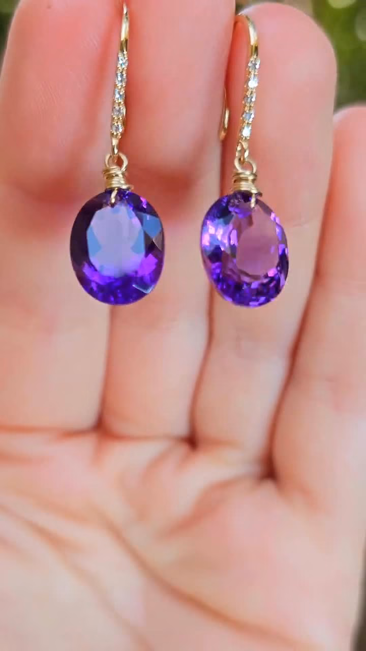 Solid Gold 14K Diamond Oval Amethyst Earrings, Genuine Natural Amethyst Earrings