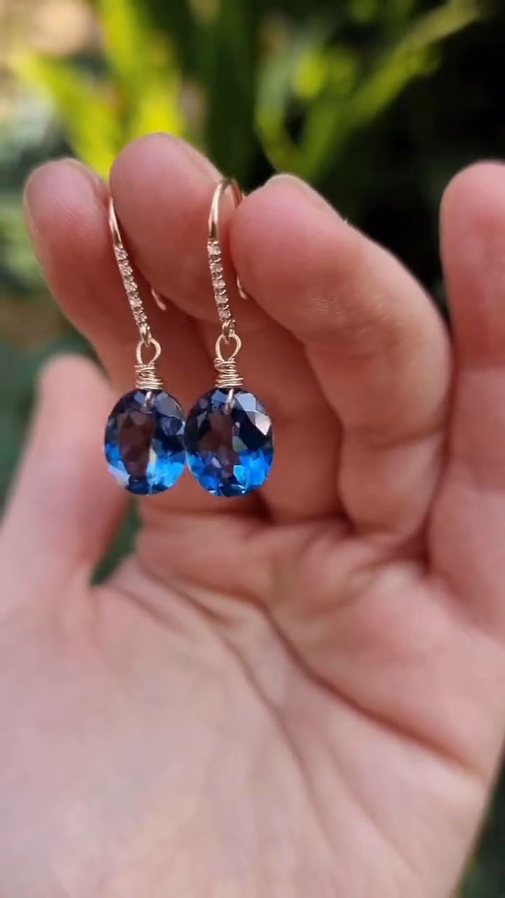 - Solid Gold 14K Diamond Oval London Blue Topaz Earrings