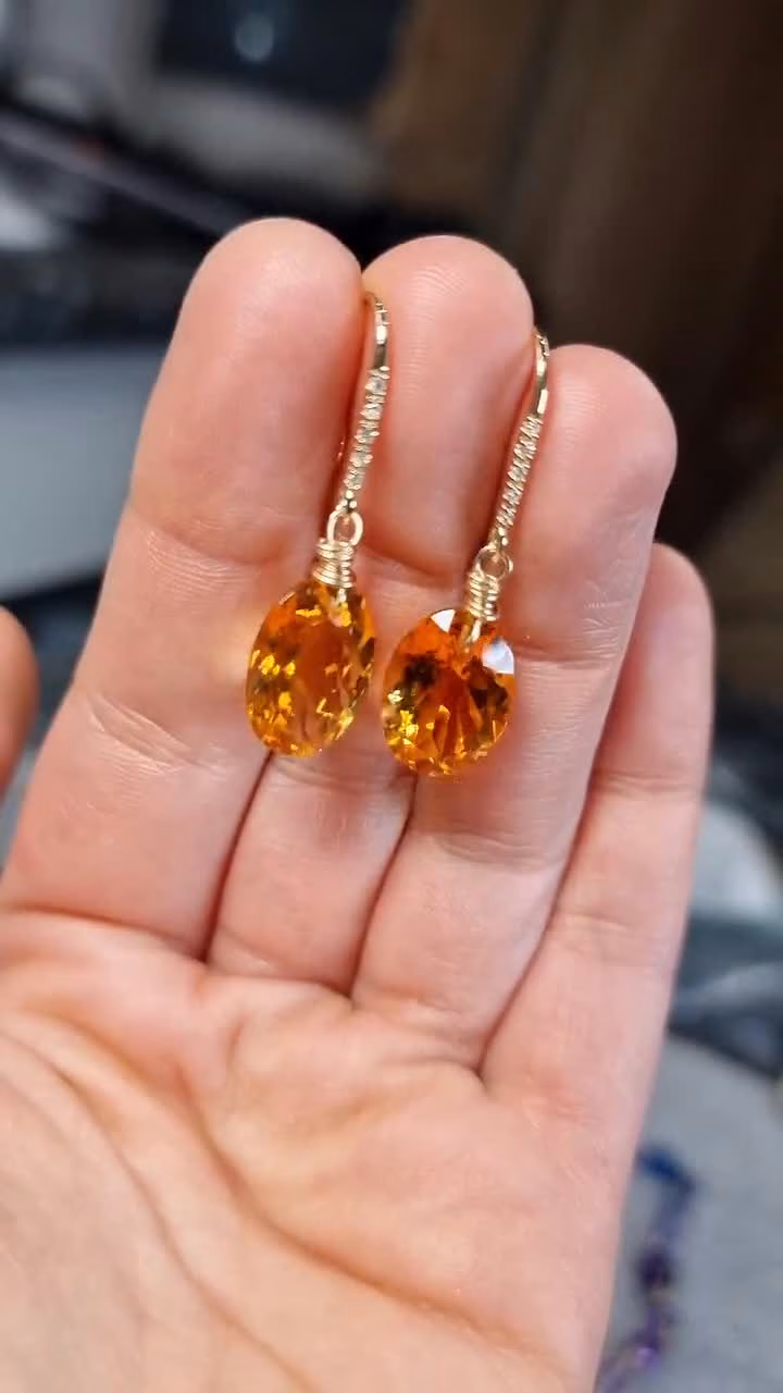 - Solid Gold 14K Diamond Oval Madeira Citrine Earrings, Genuine Natural Citrine Earrings