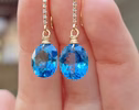 - Solid Gold 14K Diamond Oval Swiss Blue Topaz Earrings, Genuine Natural Topaz Earrings