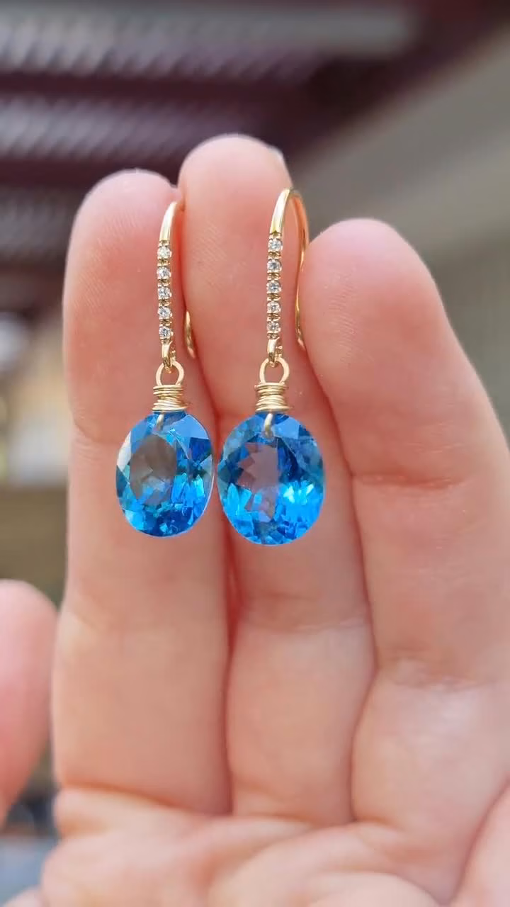 - Solid Gold 14K Diamond Oval Swiss Blue Topaz Earrings, Genuine Natural Topaz Earrings