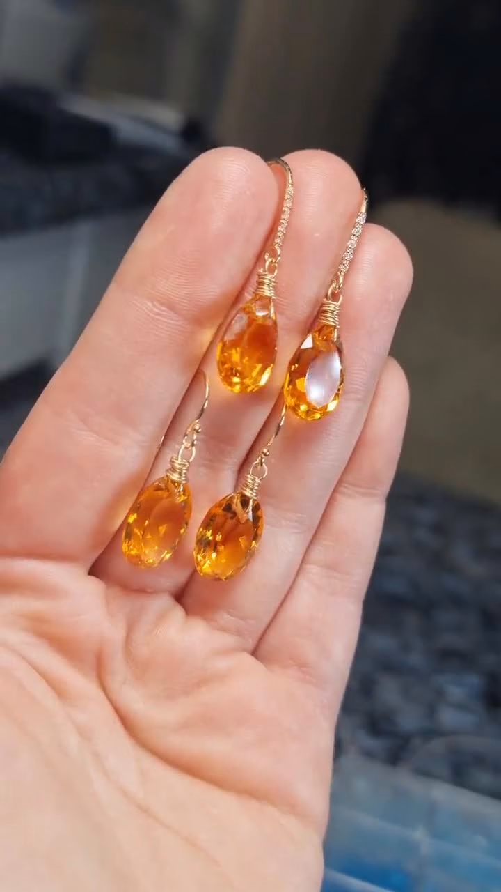 - Solid Gold 14K Diamond Pear Madeira Citrine Earrings, Genuine Natural Citrine Earrings