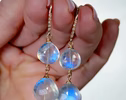 Solid Gold 14K Diamond Rainbow Moonstone Earrings