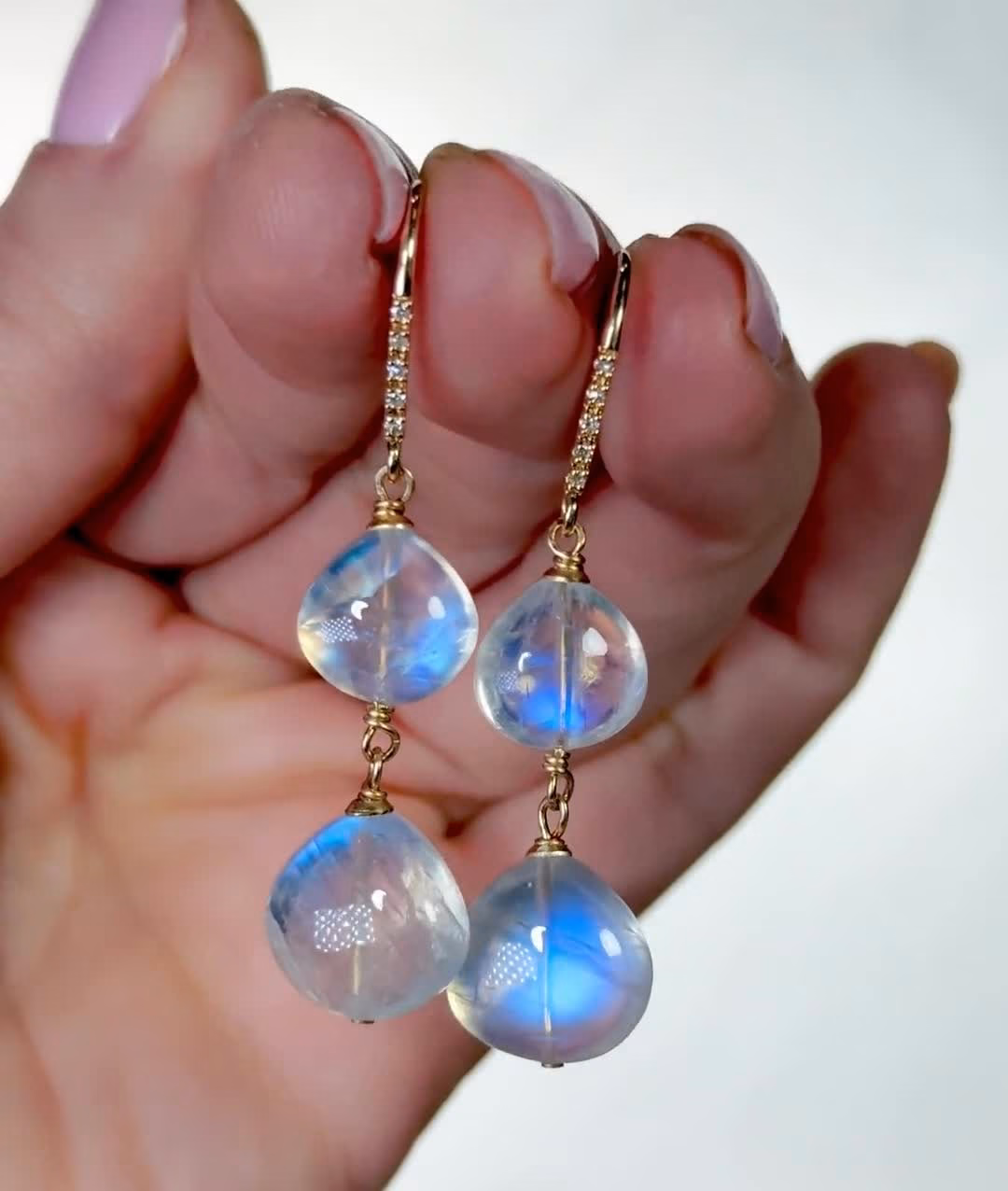 Solid Gold 14K Diamond Rainbow Moonstone Earrings
