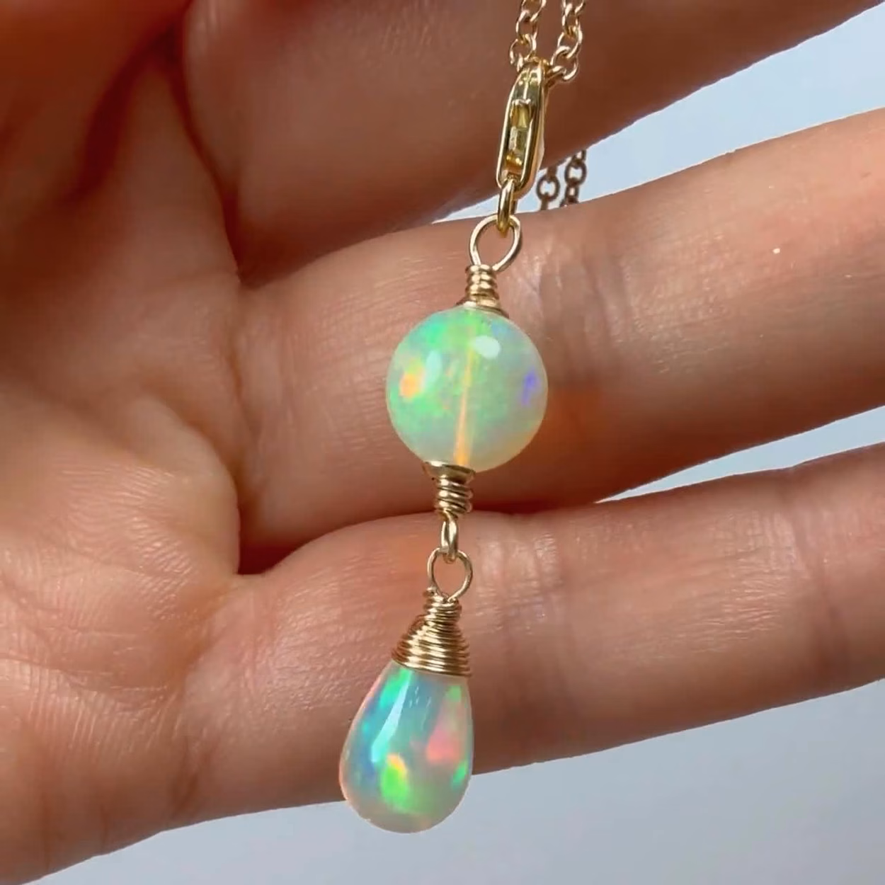 Solid Gold 14K Ethiopian Opal Charm Pendant with a Lobster Claw, One of a Kind