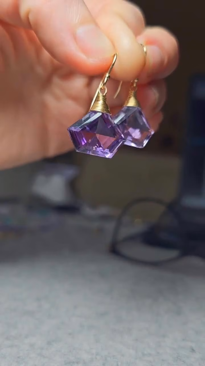 - Solid Gold 14K Fancy Shaped Pink Amethyst Earrings