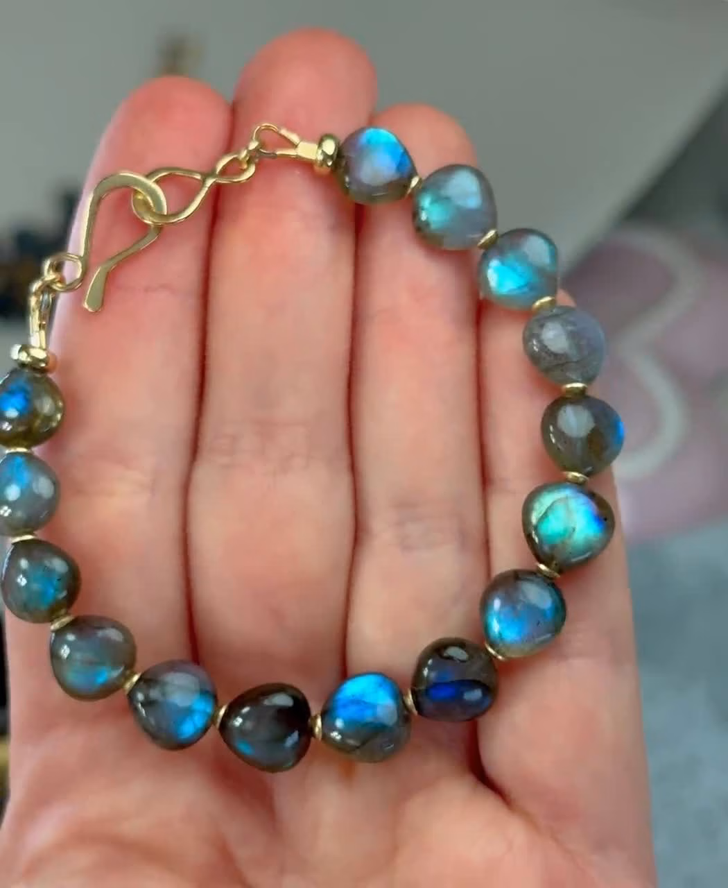 - Solid Gold 14K Labradorite Bracelet, Bold Blue Flash Labradorite Beaded Bracelet