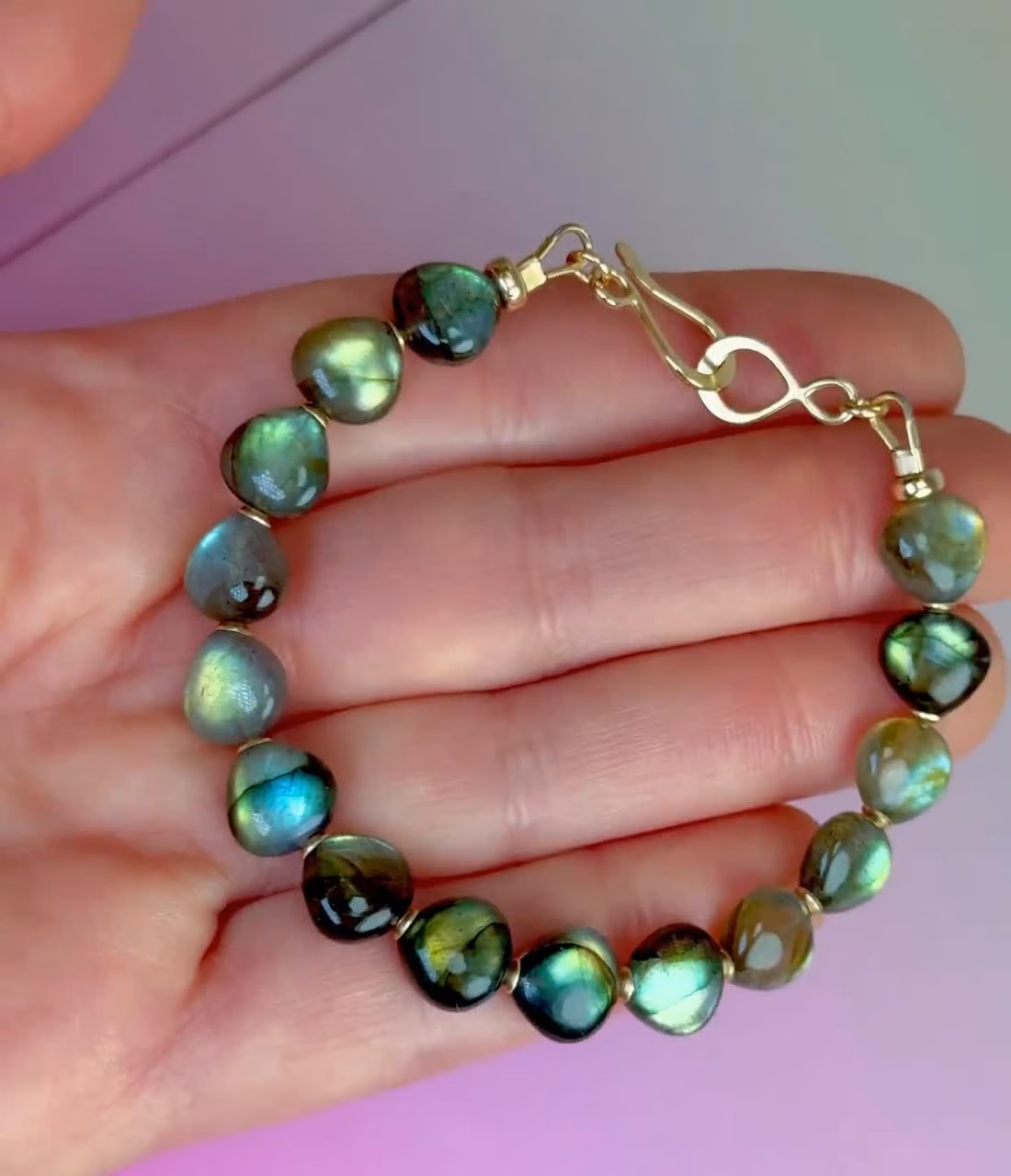 - Solid Gold 14K Labradorite Bracelet, Multi Colored Flash Labradorite Beaded Bracelet