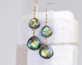 - Solid Gold 14K Labradorite Earrings with Multi Colored Flash