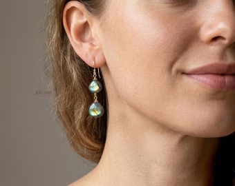 - Solid Gold 14K Labradorite Earrings with Multi Colored Flash