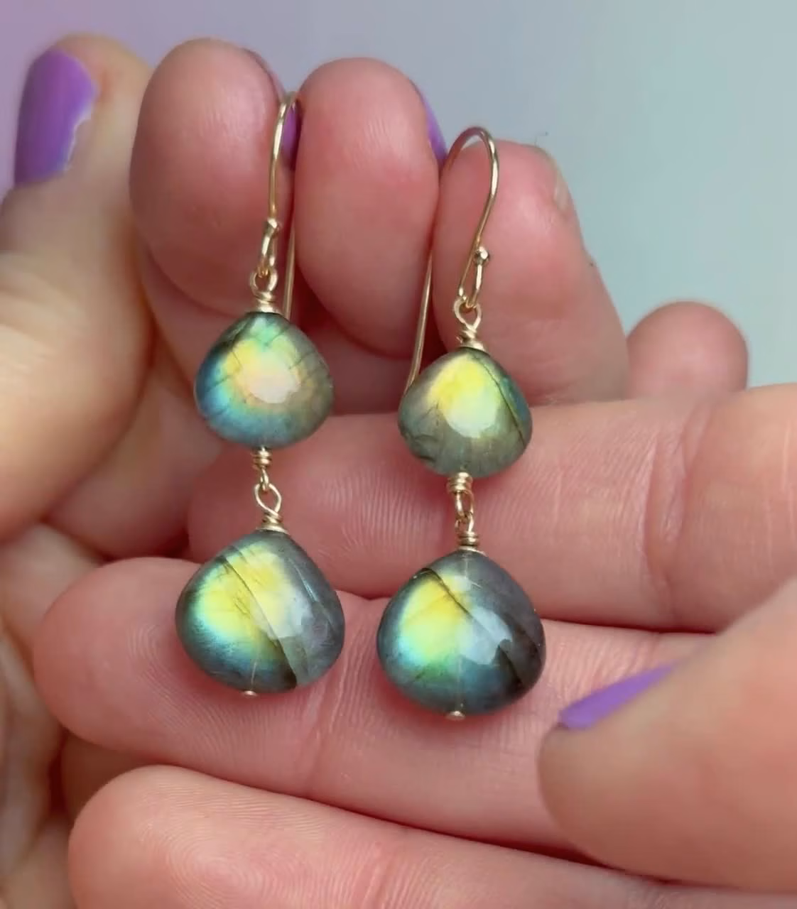 Solid Gold 14K Labradorite Earrings with Multi Colored Flash