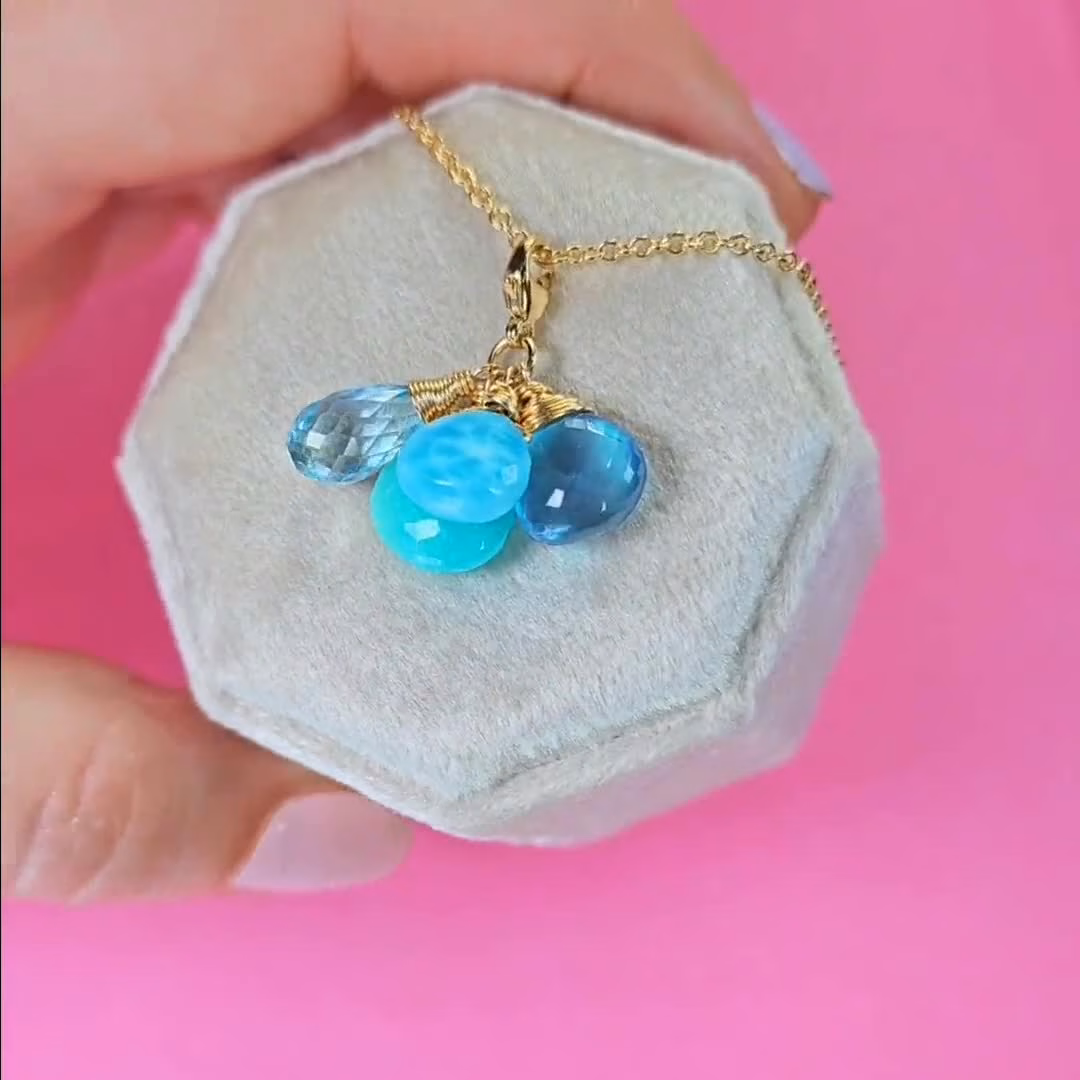 Solid Gold 14K Larimar and Aquamarine Charm with a Lobster Clasp