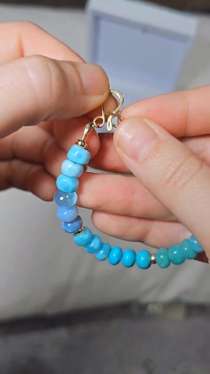 Solid Gold 14K Larimar and Turquoise Bracelet, Aqua Blue Gemstone Statement Bracelet
