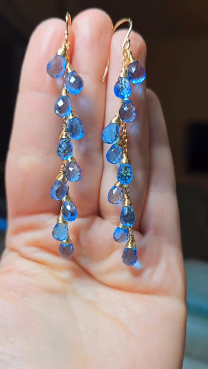 - Solid Gold 14K Long Swiss Blue Topaz Earrings, Statement Blue Gemstone Drop Earrings