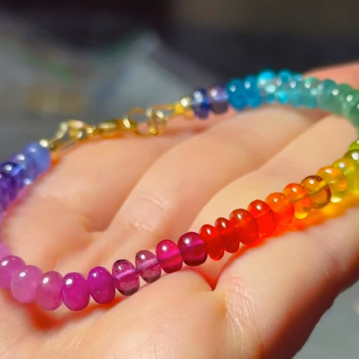 - Solid Gold 14K Multi Gemstone Bracelet, Rainbow Beaded Stacking Bracelet