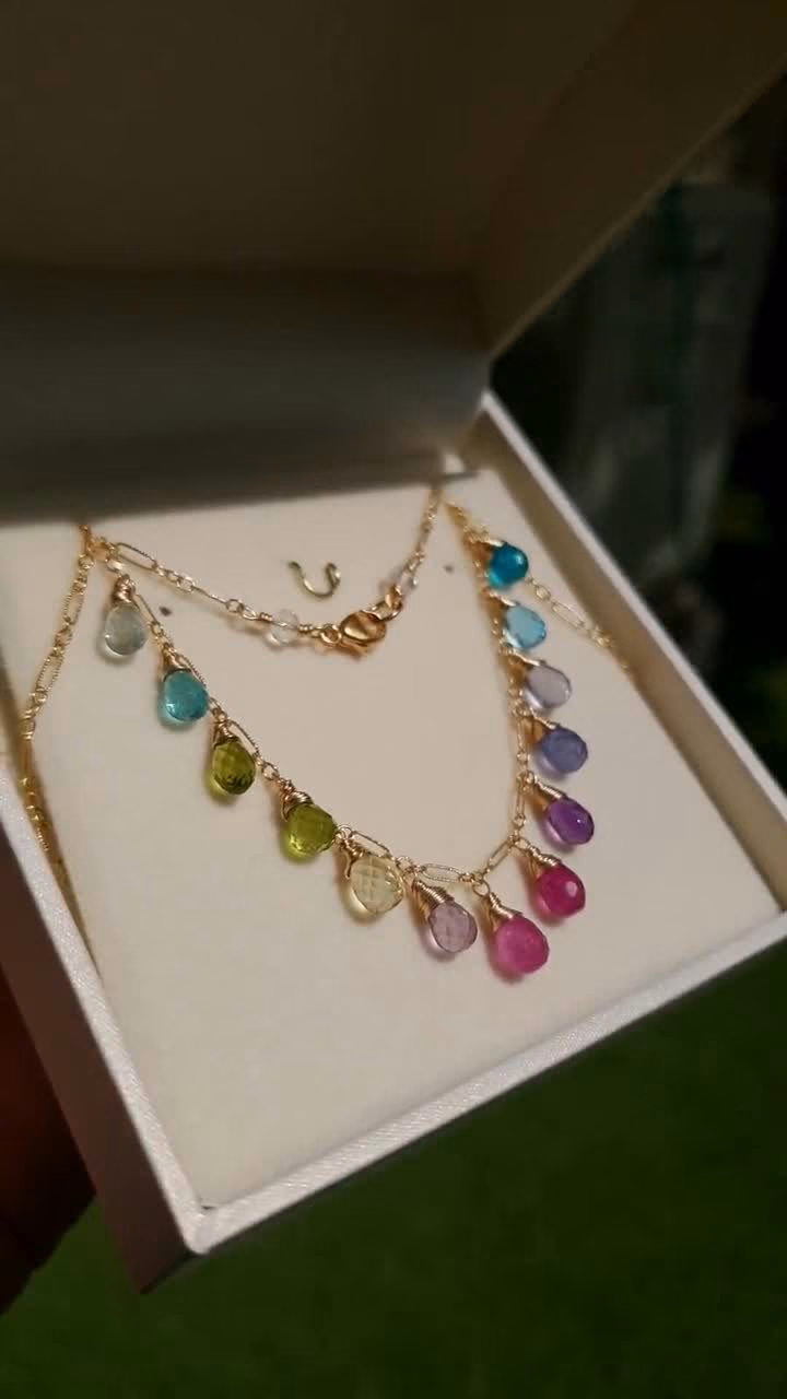 - Solid Gold 14K Multi Gemstone Colorful Rainbow Necklace
