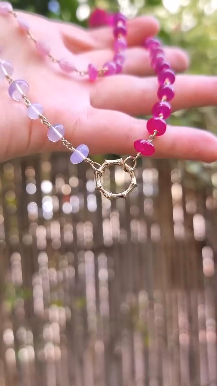 - Solid Gold 14K Pink Necklace Wire Wrapped in Gold, Gemmy Necklace, Colorful Multi Stone Fancy Shaped Necklace