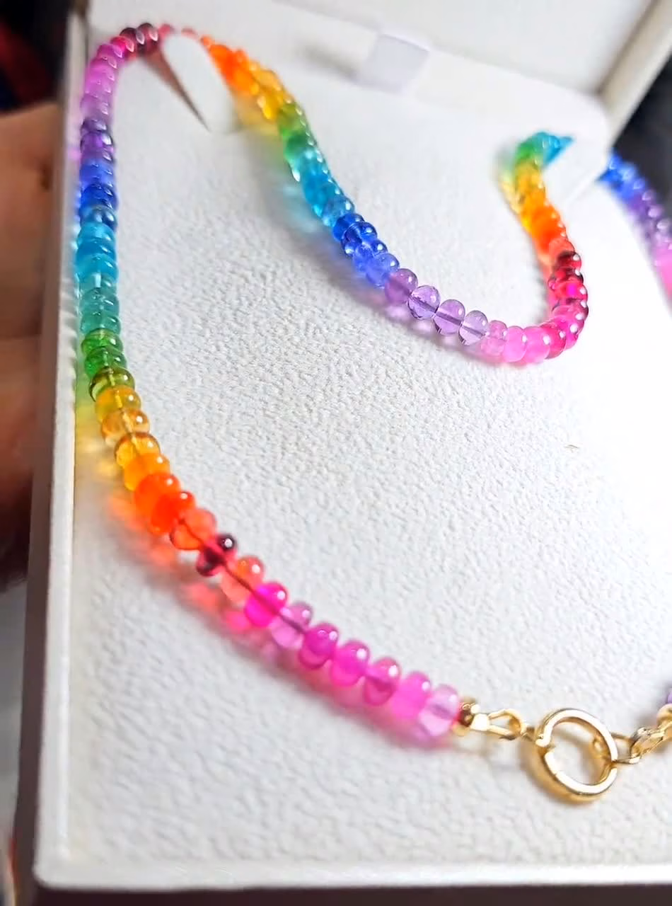 - Solid Gold 14K Rainbow Genuine Gemstone Necklace, Multi Gemstone Beaded Necklace