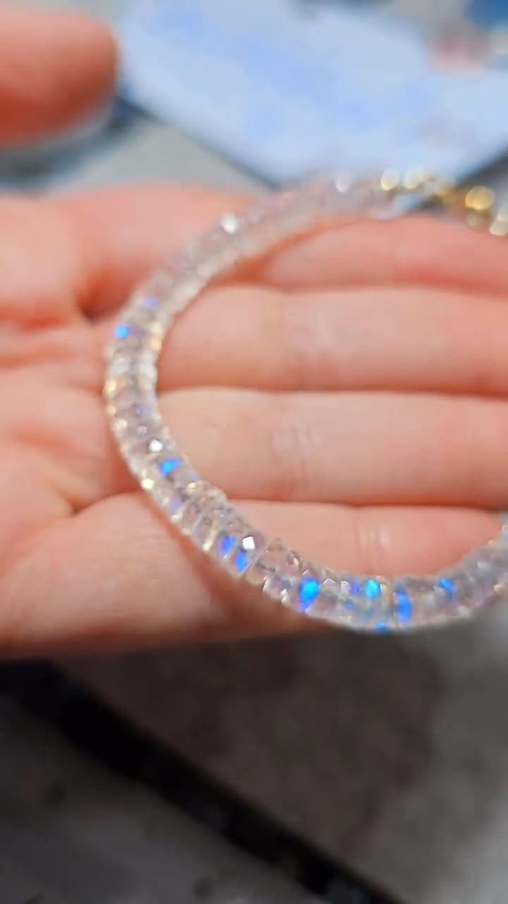 Solid Gold 14K Rainbow Moonstone Blue Fire Bracelet, Heishi Moonstone Beaded Bracelet