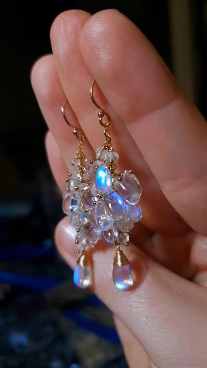Solid Gold 14K Rainbow Moonstone Earrings, Luxury Cascade Earrings