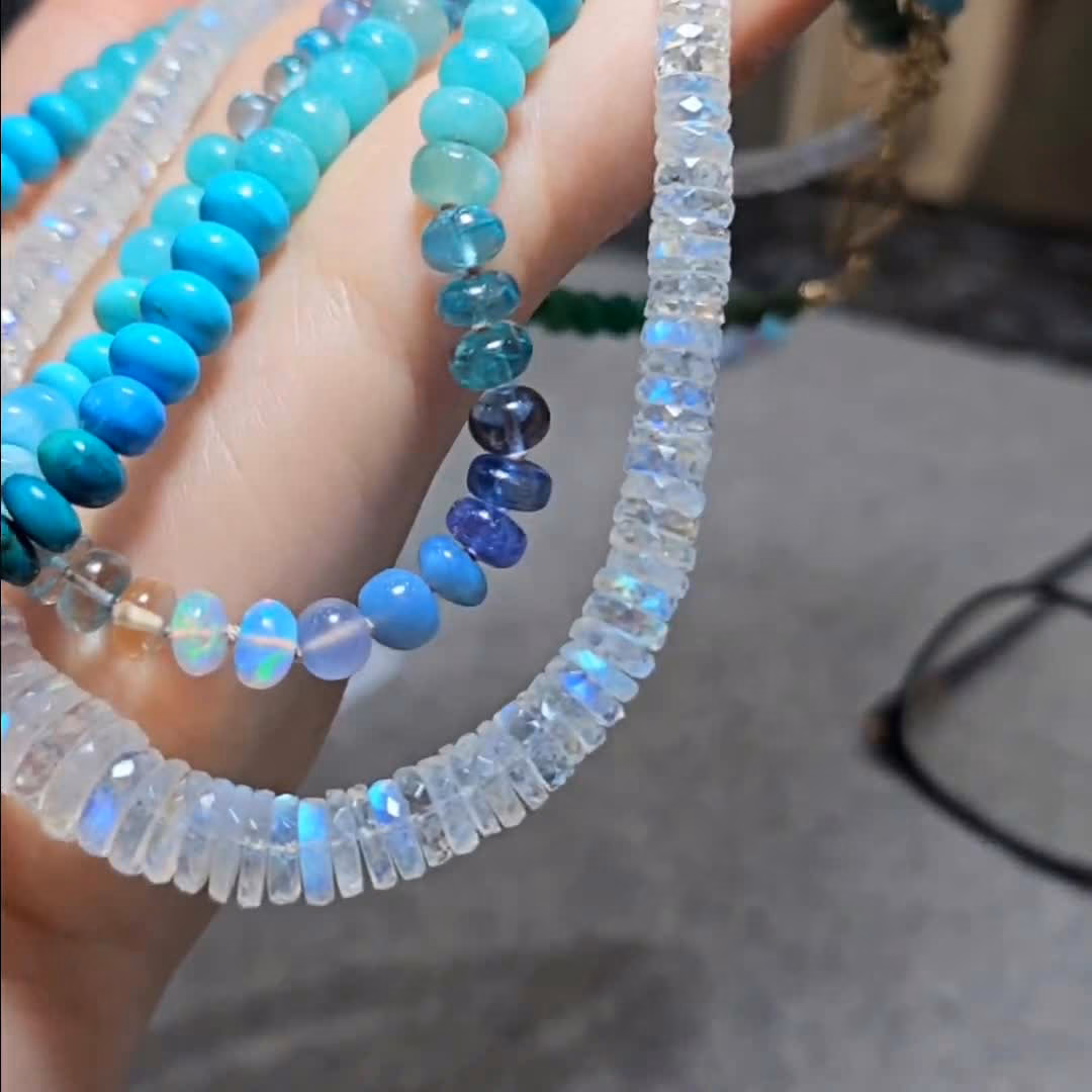 Solid Gold 14K Rainbow Moonstone Necklace, Blue Fire Heishi Moonstone Beaded Necklace