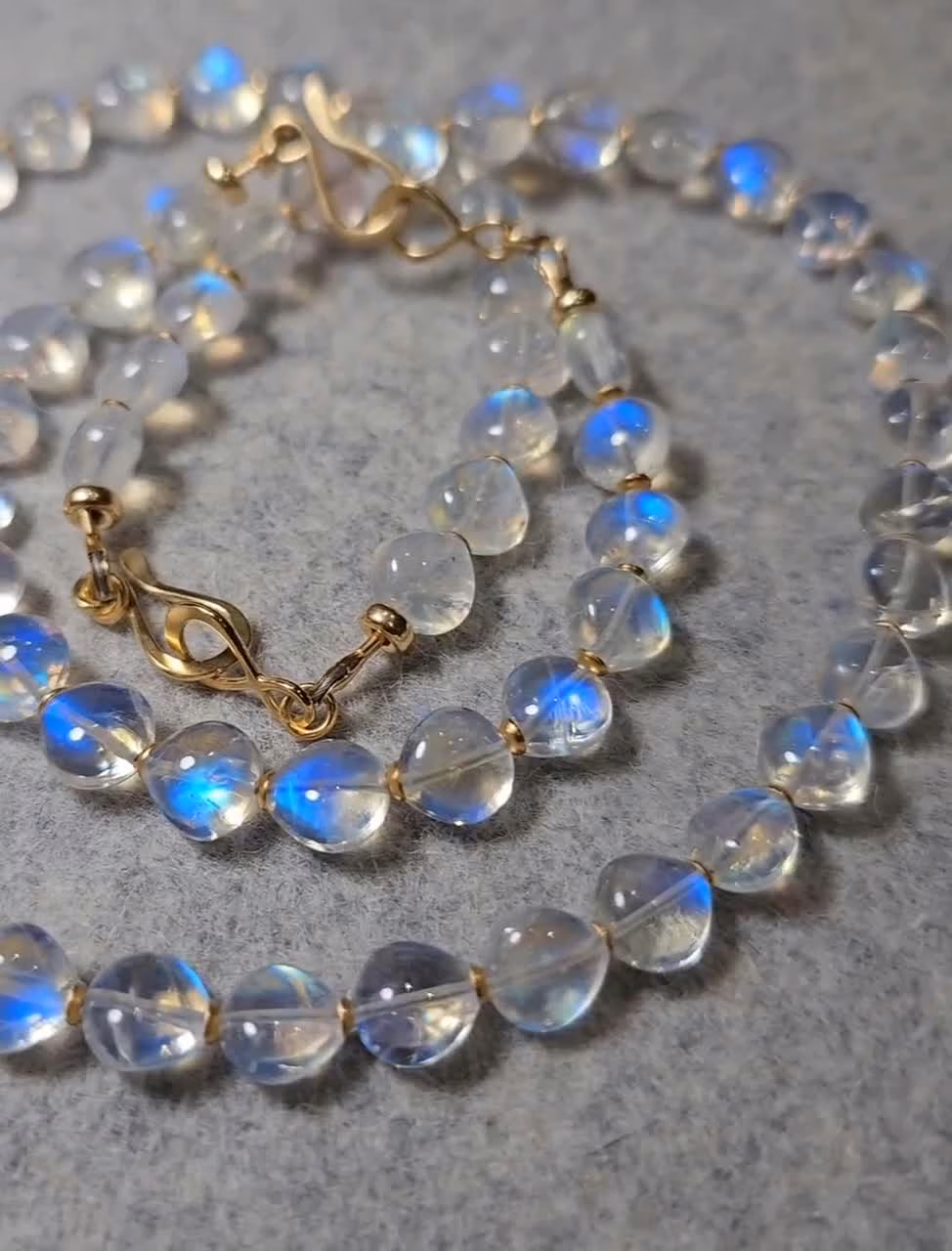 Solid Gold 14K Rainbow Moonstone Necklace, Bold Blue Glow Moonstone Beaded Necklace