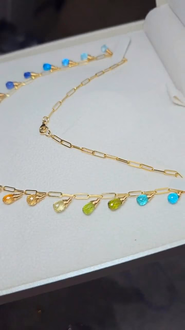 Solid Gold 14K Rainbow Precious Drop Gemstone Necklace