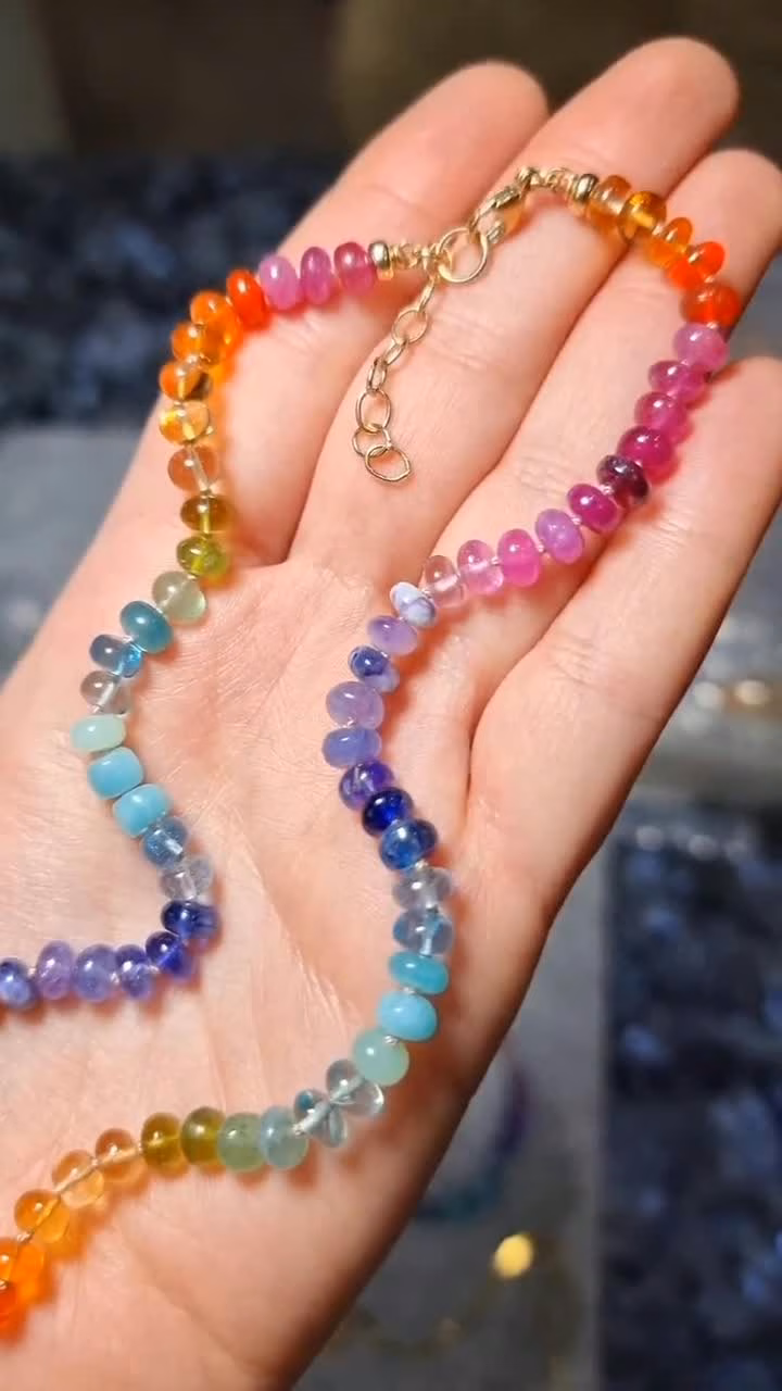 Solid Gold 14K Rainbow Silk Knotted Necklace, Multi Gemstone Necklace with a Repeating Rainbow