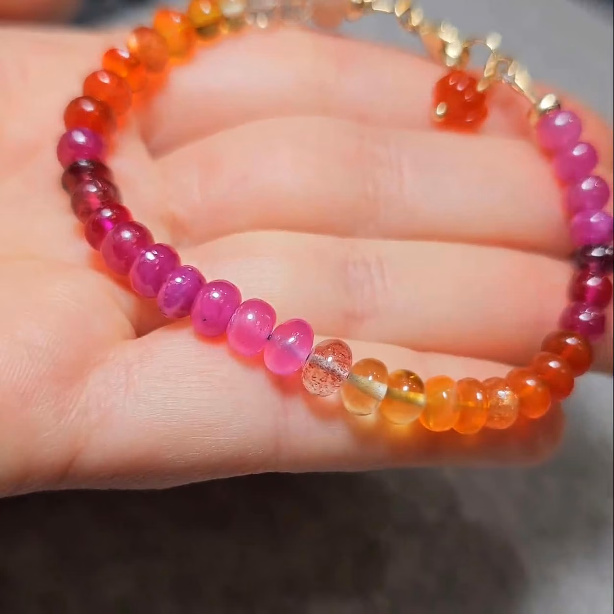 Solid Gold 14K Ruby and Mexican Fire Opal Bracelet, Multi Gemstone Bracelet