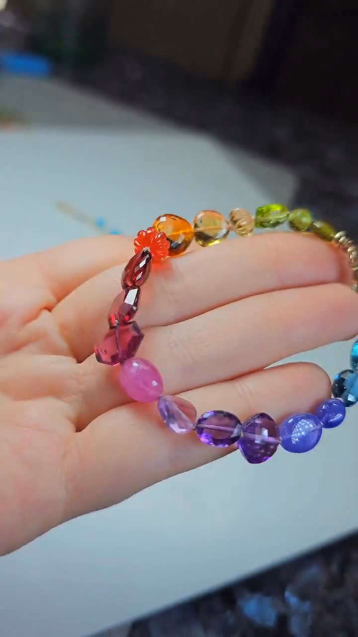 - Solid Gold 14K Silk Knotted Geometric Rainbow Multi Gemstone Bracelet