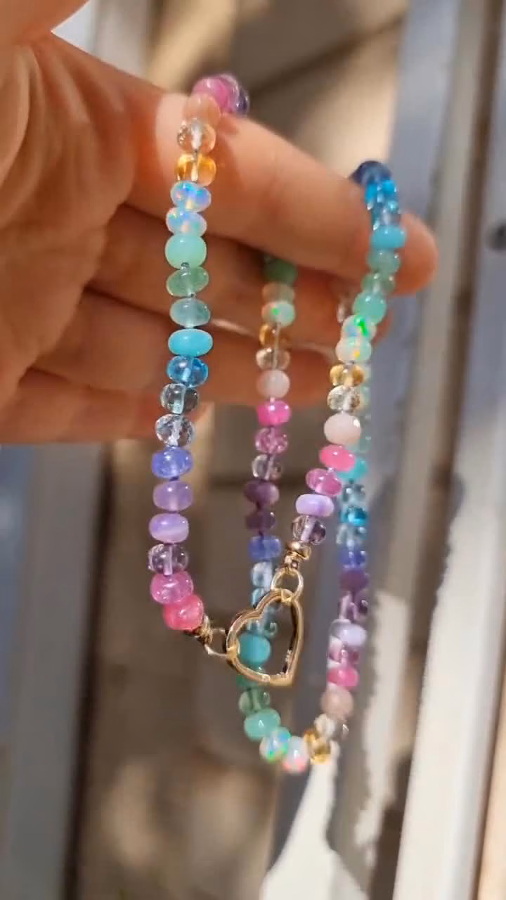 Solid Gold 14K Silk Knotted Pastel Multi Gemstone Necklace