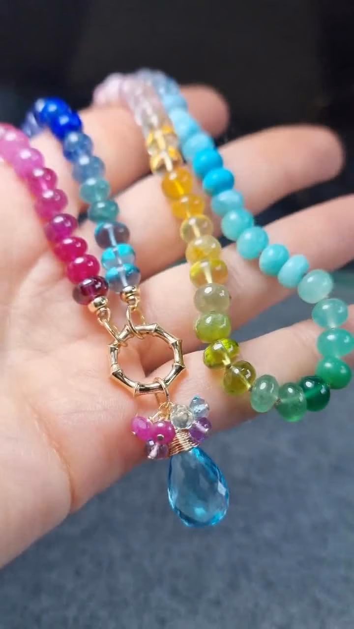 Solid Gold 14K Topaz Charm with a Multi Gemstone Cluster