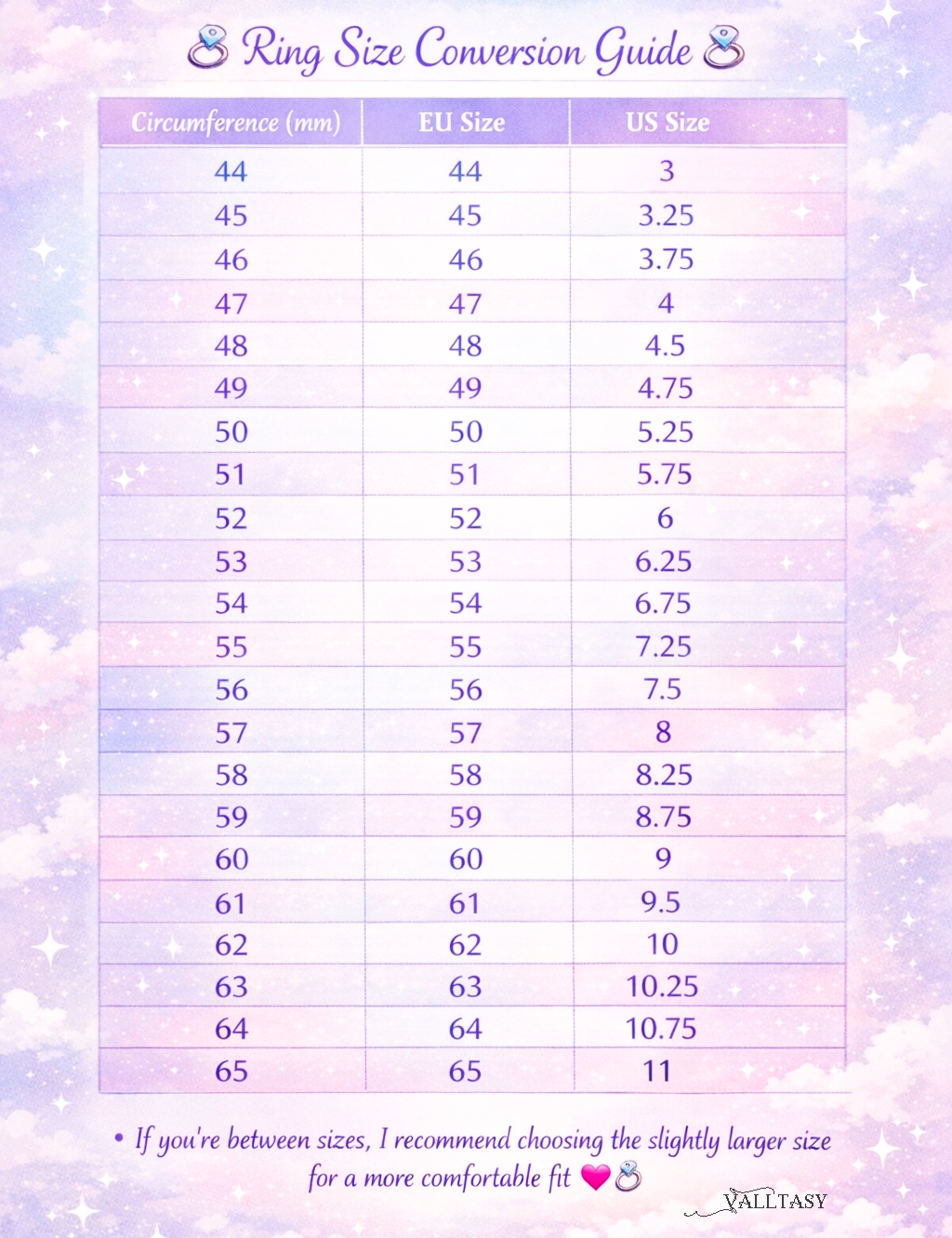 Ring Size Conversion Guide - Circumference mm to EU and US sizes - Valltasy