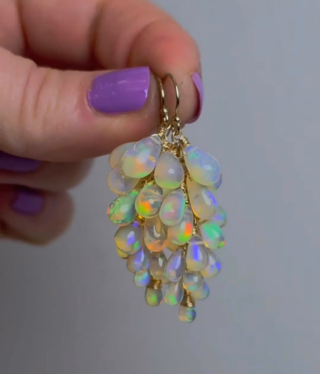 - Ethiopian Opal Earrings, Drop Cluster Gemstone Earrings in Gold Filled