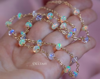 - Solid Gold 14K Ethiopian Opal and Rainbow Moonstone Gemstone Necklace, Gemmy Necklace