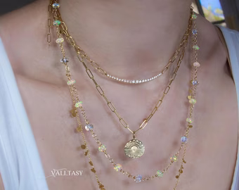- Solid Gold 14K Ethiopian Opal and Rainbow Moonstone Gemstone Necklace, Gemmy Necklace