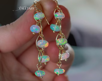 - Solid Gold 14K Ethiopian Opal Dangle Earrings, Ethiopian Opal Earrings in 14K Gold