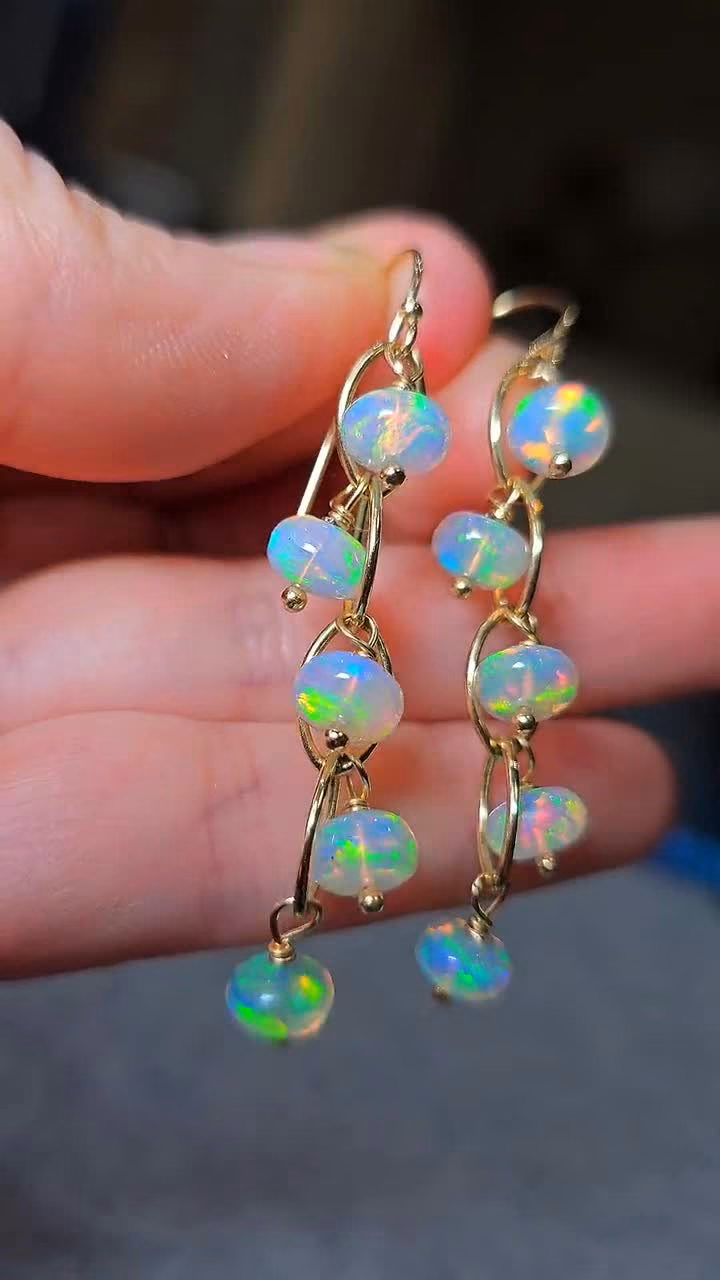 - Solid Gold 14K Ethiopian Opal Dangle Earrings, Ethiopian Opal Earrings in 14K Gold