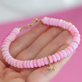 The Pink Reef Bracelet - Solid Gold 14K Angel Skin Pink Coral Bracelet with a Diamond Starfish Charm