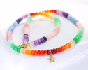 - Solid Gold 14K Multi Opal Beaded Necklace: Mexican Fire Opal, Pink Opal, Blue Opal with a Diamond Starfish Charm