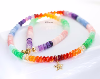 - Solid Gold 14K Multi Opal Beaded Necklace: Mexican Fire Opal, Pink Opal, Blue Opal with a Diamond Starfish Charm