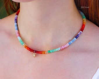 - Solid Gold 14K Multi Opal Beaded Necklace: Mexican Fire Opal, Pink Opal, Blue Opal with a Diamond Starfish Charm